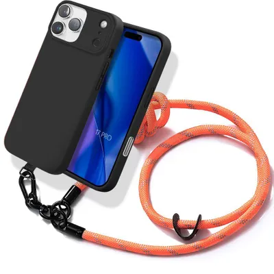 Image de Coque pour iPhone 17 Pro, Silicone Antichoc Anti-Rayures Noir avec Bandoulière Robuste Orange