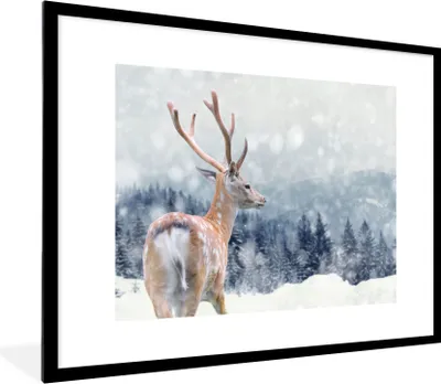 Produktbild von MuchoWow® Gerahmtes Poster Winter - Hirsche - Tiere 80x60 cm - Poster mit Schwarzem Bilderrahmen Wandposter Rahmen Foto Bilder - Schlafzimmer-Dekorationen - Fotoposter