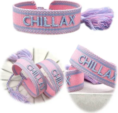 Produktbild von LS-LebenStil Canvas Statement Armband Chillax Rose Blau besticktes Stoffarmband gewebt textiles Quasten Spruch Boho Geschenk Freundschaftsarmband
