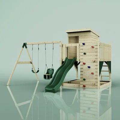 Produktbild von OutdoorToys Spielturm Björn aus Holz in Grün Dunkelgrün, mit Babyschaukel