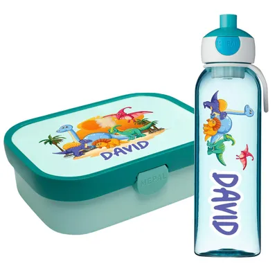 Produktbild von Lunchbox Set für Kinder Mädchen zur Schule Personalisiert mit Namen Brotdose Wasserflasche Trinkflasche BPA frei Essen für Unterwegs mit Gabel und Bento Fach To Go Dinosaurs [153]