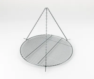 A round metal grill grate suspended by chains against a white background.