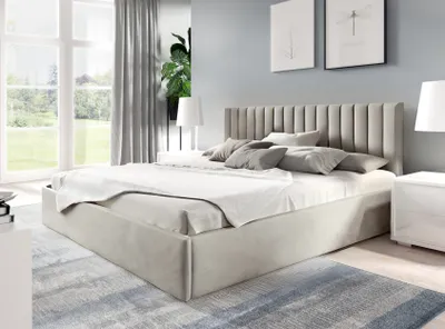 A bedroom scene with a bed, nightstand, and window.