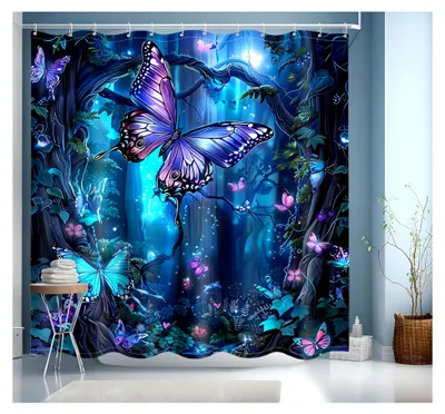 Produktbild von Blaue Duschvorhang 200x200 cm, Bunter Badevorhang mit Motiv für Badezimmer, Wasserdicht und Schnell Trocknend, Inklusive 12 Duschvorhangringen