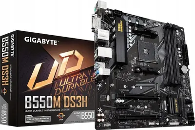 Produktbild von GIGABYTE B550M DS3H Mainboard – AMD Ryzen 5000 CPUs, 5+3 Phasen VRM, bis zu 4733 MHz DDR4, 1xPCIe 4.0 + 1xPCIe 3.0 M.2, 1GbE LAN, USB 3.2 Gen 1, AMD, Sockel AM4, AMD Ryzen 3000 Series, AMD Ryzen 4000 Series, AMD Ryzen 5000 Series, Sockel AM4, DDR4-SDRAM, 128 GB