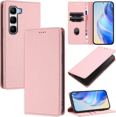 Produktbild von Litchi Leder Handyhülle für Infinix Hot 60 Pro+ Wallet Kartenfächer Standfunktion Hülle Pink