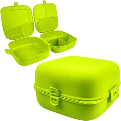 A bright green lunchbox with multiple compartments, shown open and closed.