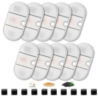 Productafbeelding van Vervangingsfilters voor drinkfonteinen, set van 10. Koolstoffilters en schuimfilters voor kattenfonteinen van 2,1 liter, model PLWF002