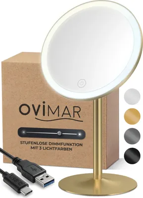 A gold makeup mirror with LED lighting and a USB charging cable, presented with its packaging and color options.