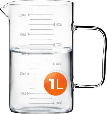 Produktbild von KADAX Messkrug 1L aus Glas, Messbecher aus hitzebeständigem Borosilikatglas, Glasmessbecher mit Ausgießer, Griff und gut lesbarer Skala, spülmaschinenfest