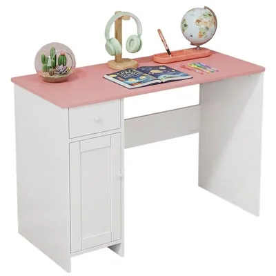 Produktbild von Bezaubernder Kinderschreibtisch für Mädchen in Weiß mit rosafarbener Tischplatte (75x50x110 cm) – Praktischer Computertisch mit Schublade und integrie