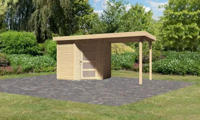 Produktbild von Karibu Gartenhaus Gerätehaus Schwandorf 3 im Set mit Anbaudach 2,40 m Breite naturbelassen 433x217x218 cm