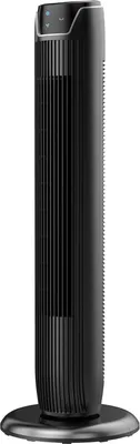 A black tower fan shown from a side angle on a white background.