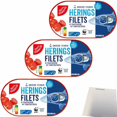 Produktbild von Gut & Günstig Heringsfilets in Tomatencreme mit Tomatenstückchen 3er Pack (3x200g Dose) + usy Block
