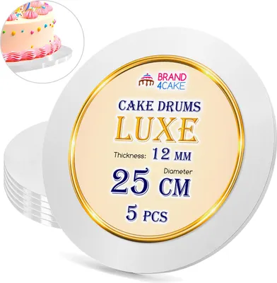 Immagine prodotto di Base per torta bianca 25 cm 1,2 cm Set di 5 tamburi per torta tondi Luxe Brand4Cake