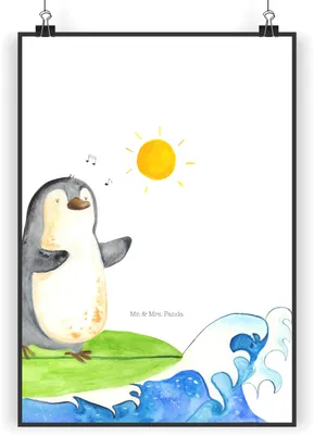 Produktbild von Mr. & Mrs. Panda Bild Pinguin Surfer DIN A3 - Weiß - Geschenk, Plakat, Hawaii, Kunstdruck, wanddeko, drucke, Urlaub, Optimistisch, Portugal, Motiviert, Wandbild