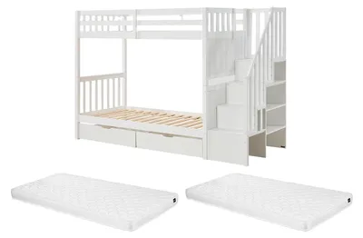 Produktbild von Etagenbett 90 x 190 cm mit Schubladen – Kiefer und MDF – Weiß + Matratze – ZILENI