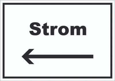 Produktbild von Strom Aufkleber mit Text und Richtungspfeil links Anschluss waagerecht A9 (37x52mm)