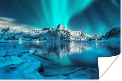 Produktbild von MuchoWow® Poster Nordlicht - Eis - Schnee - Norwegen - Blau - Berge 60x40 cm - Schlafzimmerdekoration