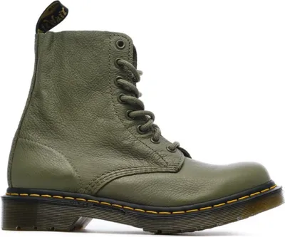 A single green Dr. Martens boot shown from the side against a white background.