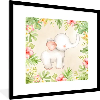 Produktbild von MuchoWow® MuchoWow® Gerahmtes Poster Dschungel - Blumen - Elefant 40x40 cm - Poster mit zchwarzem Bilderrahmen - Poster - Plakat im Rahmen