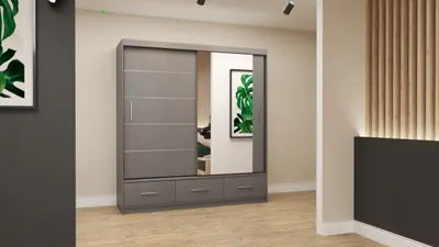 Produktbild von Easy4You Florence Grau Schiebetürenschrank Kleiderschrank 203x218x61 cm mit Spiegel - Schlafzimmermöbel, Aufbewahrung – Mehrzweckschrank mit 3 Schubladen und 4 Kleiderstangen