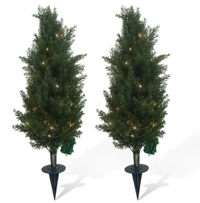 Obrázok produktu pre Sada 2 umelých cyprusov – stromy s tvarovaným kmeňom a LED osvetlením – výška 90 cm – s kolíkmi do zeme – na Vianoce a ako dekorácia do interiéru