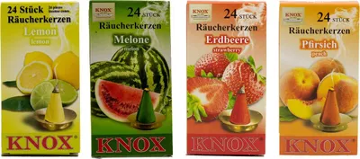 Produktbild von KNOX - 4er Set Räucherkerzen Lemon / Melone / Erdbeer / Pfirsich - Inhalt jeweils 24 Stück, Größe M (Standard) - 078600