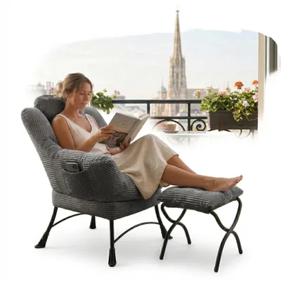 Immagine prodotto di LVHOM poltrona reclinabile con sgabello, poltrona TV poltrona da lettura con tasca laterale, copertura in corda, caricabile fino a 180 kg, grigio