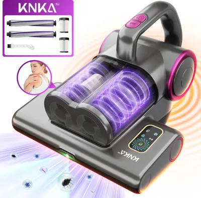A close-up marketing image of a handheld vacuum cleaner, highlighting its features and accessories.