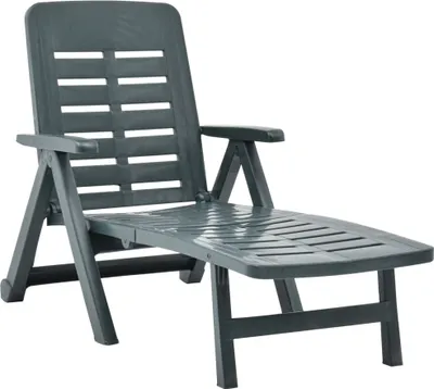 Produktbild von vidaXL Klappbare Sonnenliege, Kunststoff, Grün, Witterungsbeständig, Verstellbare Rückenlehne, Wartungsfrei, Leicht, Kein Aufbau Nötig, Ohne Kissen, Ausgeklappt: 72x189x96 cm (BxTxH), Zusammengeklappt: 86x73x135 cm (LxBxH), Sitzbreite: 59 cm, Sitztiefe: 140 cm, Sitzhöhe: 36 cm, Armlehnenhöhe: 59 cm