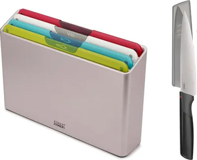 Produktbild von Joseph Joseph Folio Icon Schneidebrett-Set mit Kochmesser – 4 Brettchen & Halter
