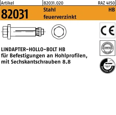 Produktbild von Lindapter Hohlprofilbefestigung Hohlprofilbefestigung R 82031 HB M 20 x 90/34 Stahl feuerverzinkt LINDAPTER-HOLLO-BOLT HB für Befestigunge