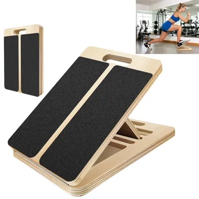 Obrázok produktu pre Holz Stretchboard – Nastaviteľná šikmá doska – 5 nastavení uhla: 20–45° – Protišmyková – Odolnosť do 150 kg – Vhodné na cviky ako sú drepy a rehabilitácia – Vzhľad dreva