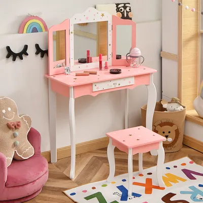Produktbild von COSTWAY Kinder Schminktisch mit Hocker, Prinzessin Frisiertisch mit Schublade & 3-Fach klappbarer Spiegel, Frisierkommode rosa weiß, Schminkkommode für Mädchen
