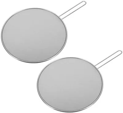 Productafbeelding van Ibenzoa® 2-delige set spatelbeschermers van roestvrij staal voor pannen en potten tot Ø 30 cm – fijnmazig, plat, vaatwasmachinebestendig, lange, smalle handgreep met ophangoog, zilver