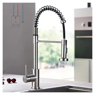 Produktbild von Niederdruckarmatur für die Küche, ausziehbar, mit Brause und 360° drehbarem Wasserhahn, 3 Anschlüsse für Boiler, Spültischarmatur aus gebürstetem Edelstahl