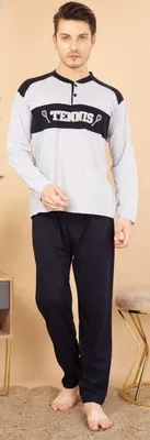 Produktbild von Herren Pyjama Schlafanzug Baumwolle Lang 2-Teiler Set Hellgrau M R-89