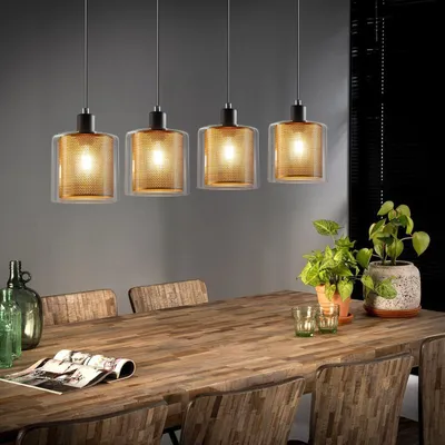 Image de Suspension ZMH, lampe pour table à manger, abat-jour en verre, 4 bras, lampe pour table à manger, douille E14, finition dorée, lampe pour salle à manger, hauteur réglable, suspension pour salon, idéale pour salle à manger et cuisine