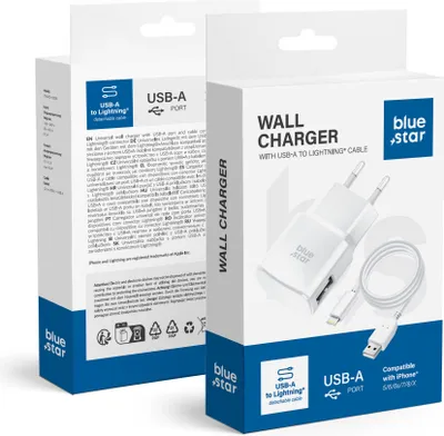 Productafbeelding van NETZ-oplader, app-compatibel, voor iPhone 5/6/6s/7/8/X, met afneembaar kabel, merk BLUE STAR