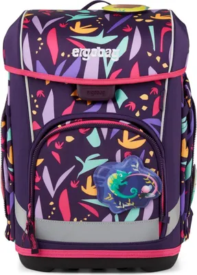 A purple backpack with a colorful floral and leaf pattern, featuring a chameleon patch on the front pocket.