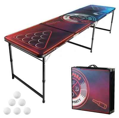 Produktbild von Bierpong Tisch - Klappbarer Beer-Pong-Tisch 240 x 60 x 70 cm - Höhenverstellbar - Mit LED-Beleuchtung - Tragbar mit Tragegriffen - Inkl. 6 Tischtennisbällen - Für Party & Camping