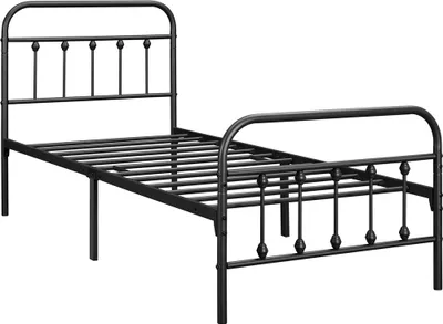 A black metal bed frame with a slatted base, shown from a side angle against a white background.