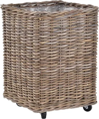 Produktbild von KRINES HOME Pflanzkorb Rattan grau groß Pflanzkübel Blumentopf mit Rollen Rollkorb Rattankorb (Säule quadratisch)