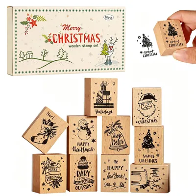 Holzstempel-Set, 10 Stück, Weihnachtsmotive, 4 x 2,4 x 3 cm