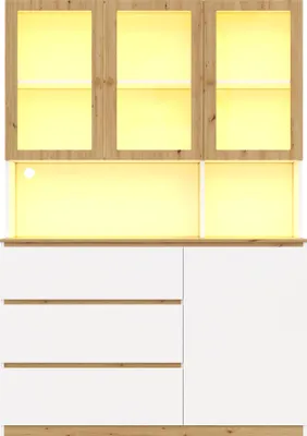 Produktbild von Merax Glasvitrine, mit LED-Beleuchtung, 3 Schubladen, 4 Türen, Arbeitsplatte mit Kabelmanagement, Bücherregal, Küchenschrank, Weiß+Eiche