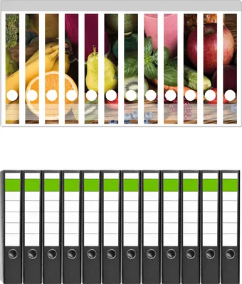 Produktbild von Wallario 12 Stück schmale Ordner inkl. Klebeetiketten mit Motive Bunte Smoothies mit Obst in der Küche -  Set mit Rückenschildern / Ordnerrücken Stickern