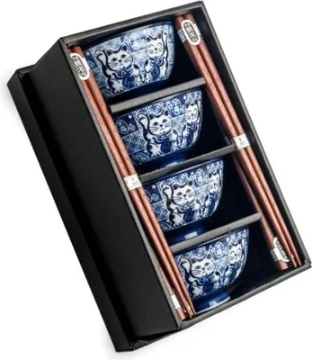 Produktbild von Edo Japan | Set Von Schalen - Weiß-blau - 8 Teile - Keramikschalen - Holzstäbchen