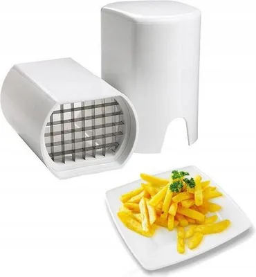 A white potato slicer and a plate of french fries are shown against a white background.