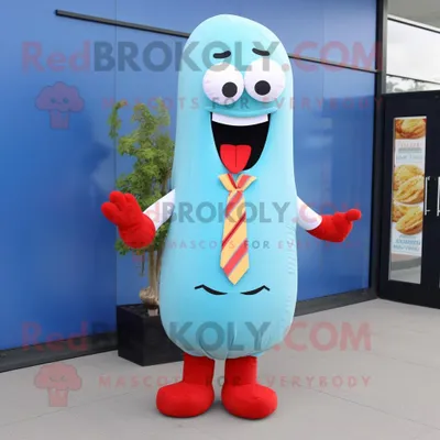 Obrázok produktu pre Maskot spoločnosti REDBROKOLY, postavička "Sky Blue Hot Dog", je oblečená vo veste a má zapichnutú šnúrku do kravaty